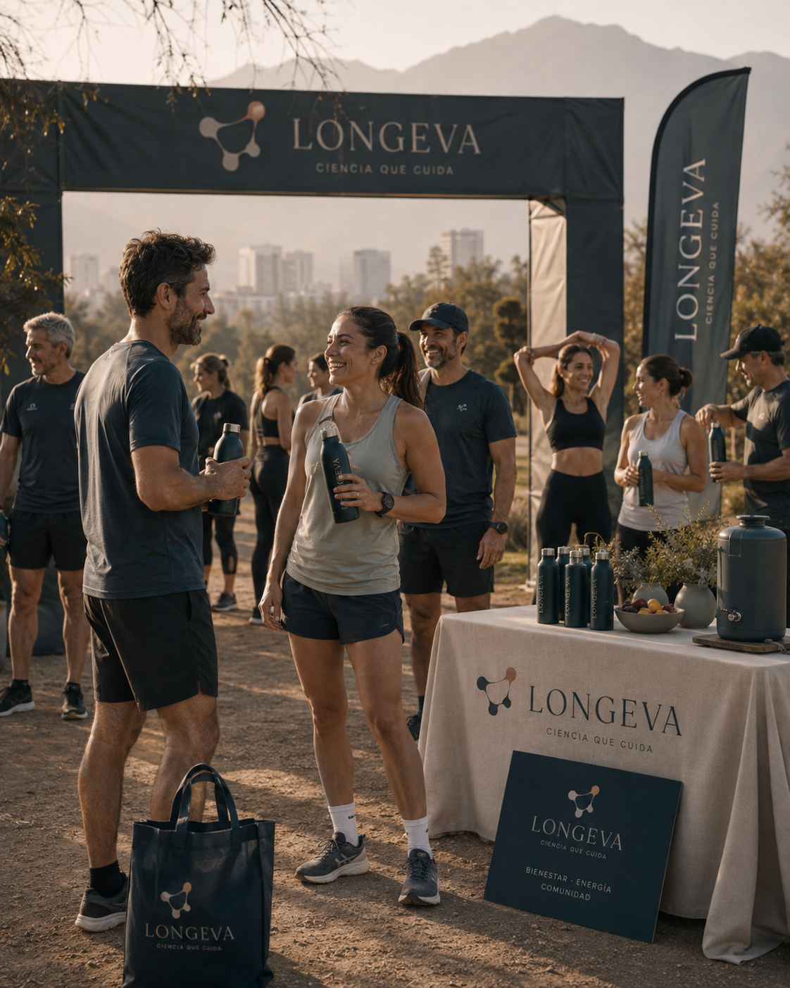 Comunidad LONGEVA en un evento deportivo al aire libre en Santiago: personas conversando, con merchandising y el logo de LONGEVA al fondo