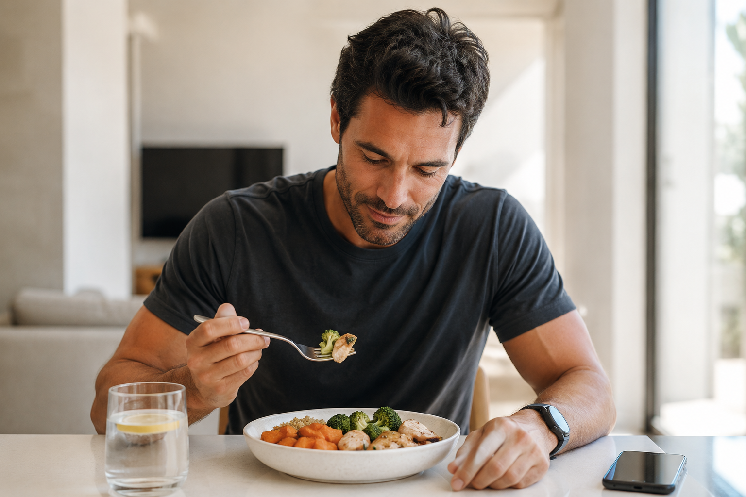 Hombre comiendo un bowl saludable alto en proteína en su casa, como parte del plan nutricional de LONGEVA