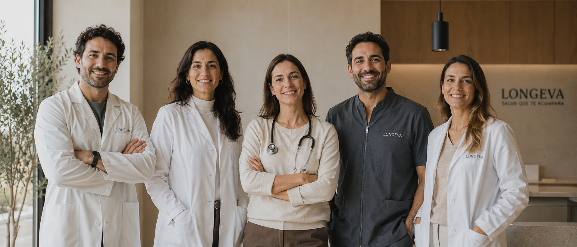 Equipo de salud chileno diverso y cercano, retrato editorial en tonos neutros