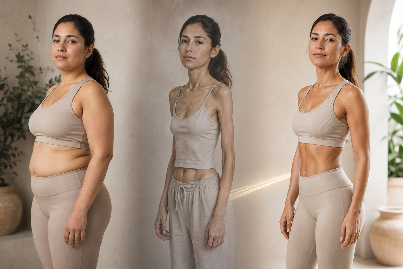 Comparación en tres etapas: punto de partida, pérdida de peso sin control con evidente pérdida de masa muscular, y resultado con acompañamiento médico y nutricional que preserva la musculatura